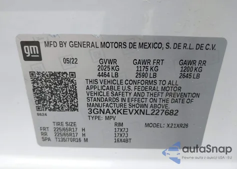 2022 Chevrolet Equinox Fwd Lt z USA, uszkodzony, nr VIN 3GNAXKEVXNL227682